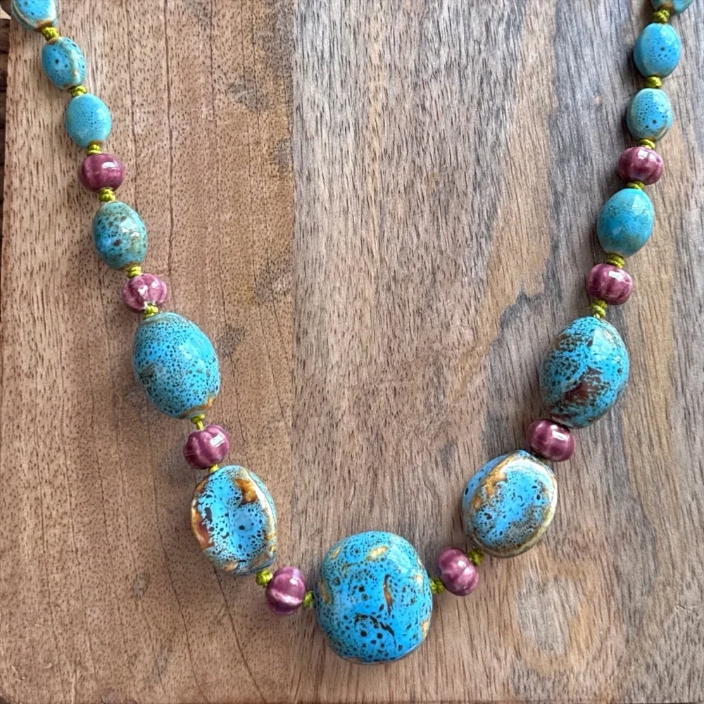 Vintage Artisan Ceramic Bead Statement Necklace Turquoise Speckled 26” Inch - Picture 14 of 15